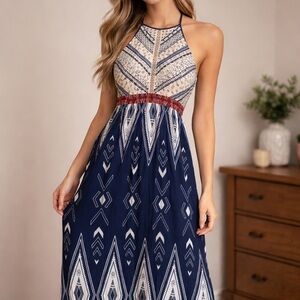 Fringe Studio Navy, White and Red Patterned Dress size M bohemian